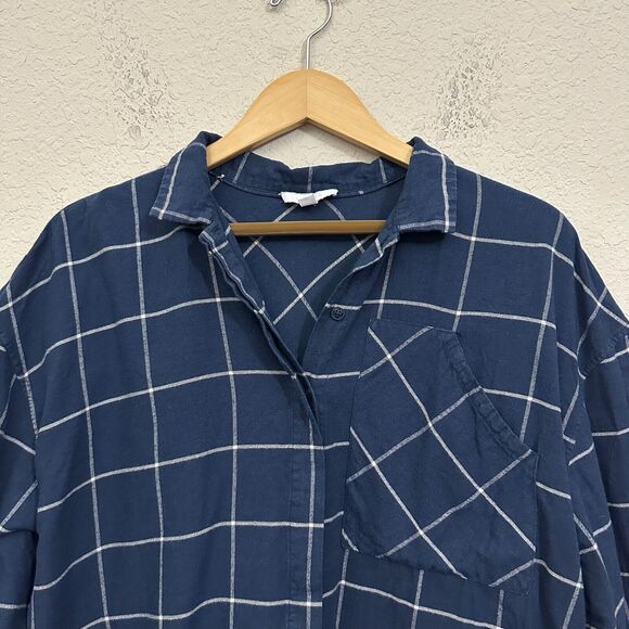 LUNYA Button Up Shirt Navy Blue Windowpane 3/4 Sleeve Cotton-Blend - Picture 3 of 9